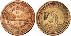 Sant Vicenç de Torelló. Cooperativa "La Familiar Borgoñense". 5 céntimos (dos) y 1 peseta (dos). Una peseta con el interior del 1 granulado y la otra ...