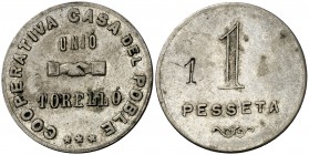 Torelló. Cooperativa casa del poble/pueblo. 10 céntimos, 1 (dos) y 5 pesetas. Una peseta con contramarca 1 y las cinco pesetas con leyenda parcialment...