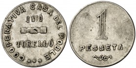Torelló. Cooperativa casa del poble/pueblo. 10 céntimos, 1 (dos) y 5 pesetas. Una peseta con tres contramarcas 9 y las cinco pesetas con leyenda parci...