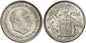1957. Estado Español. BA (Barcelona). 5 pesetas. (Cal. 139, como serie completa). 5,75 g. I Exposición Iberoamericana de Numismática. Golpecito en can...