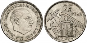 1957. Estado Español. BA (Barcelona). 25 pesetas. (Cal. 139, como serie completa). 8,52 g. I Exposición Iberoamericana de Numismática. MBC+.