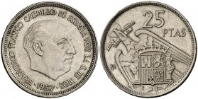 1957. Estado Español. BA (Barcelona). 25 pesetas. (Cal. 139, como serie completa). 8,46 g. I Exposición Iberoamericana de Numismática. EBC-.