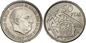 1957. Estado Español. BA (Barcelona). 50 pesetas. (Cal. 139, como serie completa). 12,53 g. I Exposición Iberoamericana de Numismática. EBC-.