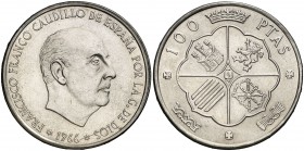 1966*1969. Estado Español. 100 pesetas. (Cal. 14). 19,07 g. Palo curvo. Escasa. S/C.
