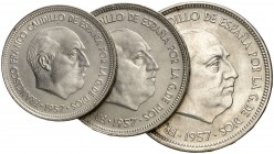 1957. Estado Español. BA (Barcelona). 5, 25 y 50 pesetas. (Cal. 139). I Exposición Iberoamericana de Numismática. Serie completa de 3 monedas. S/C-....