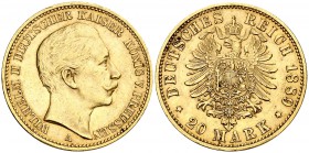 1889. Alemania. Prusia. Guillermo II. A (Berlín). 20 marcos. (Fr. 3830 var). 7,96 g. AU. MBC+.