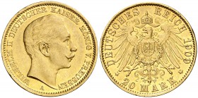 1909. Alemania. Prusia. Guillermo II. A (Berlín). 20 marcos. (Fr. 3831). 7,95 g. AU. MBC+.