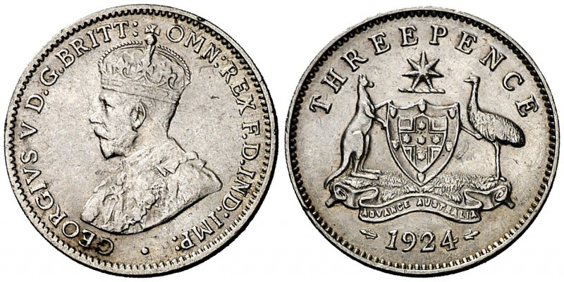 1924. Australia. Jorge V. 3 peniques. (Kr. 24). 1,41 g. AG. Golpecitos. Buen eje...