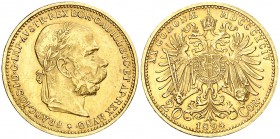 1894. Austria. Francisco José I. 20 coronas. (Fr. 504) (Kr. 2806). 6,77 g. Leves marquitas. EBC-.