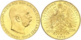 1915. Austria. Francisco José I. 100 coronas. (Fr. 507R). 33,88 g. AU. Reacuñación. S/C.