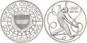 1995. 200 chelines. (Kr. 3026). 33,63 g. AG. Centenario de los Juegos Olímpicos - bailarina. En estuche oficial con certificado. Proof.