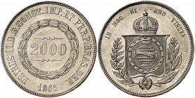 1865. Brasil. Pedro II. 2000 reis. (Kr. 466). 25,45 g. AG. Bella. S/C-.