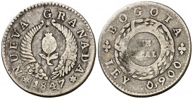 1847. Colombia. Nueva Granada. Bogotá. 1 real. (Kr. 103) (Restrepo 2). 2,59 g. AG. MBC-.