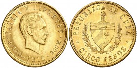 1916. Cuba. 5 pesos. (Fr. 4) (Kr. 19). 8,35 g. AU. EBC.