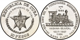 1988. Cuba. 10 pesos. (Kr. 205). 31,14 g. AG. 150º Aniversario del primer ferrocarril en Latinoamérica. Acuñación de 5000 ejemplares. Escasa. Proof....
