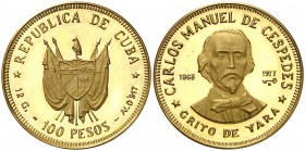 1977. Cuba. 100 pesos. (Fr. 8) (Kr. 43).. 12,06 g. AU. Carlos Manuel de Céspedes. Proof.