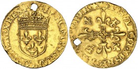 s/d. Francia. Francisco I (1515-1547). 1 écu d'or au Soleil. (Fr. 340). 3,38 g. AU. Perforación. (MBC-).