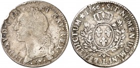 1766. Francia. Luis XV. L (Bayona). 1 ecu. (Kr. 512.12). 28,58 g. AG. Golpes. BC+/MBC-.