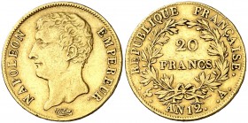 An 12. Francia. Napoleón. A (París). 20 francos. (Fr. 480) (Kr. 651). 6,38 g. AU. Leves marquitas. Escasa. MBC+.