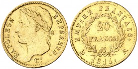 1811. Francia. Napoleón. A (París). 20 francos. (Fr. 511) (Kr. 695.1). 6,43 g. AU. Golpecitos. MBC.
