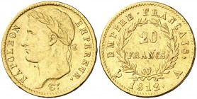 1812. Francia. Napoleón. A (París). 20 francos. (Fr. 511) (Kr. 695.1). 6,43 g. AU. Golpecitos. MBC+.