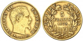 1859. Francia. Napoleón III. BB (Strasbourg). 5 francos. (Fr. 579) (Kr. 787.2). 1,59 g. AU. Golpecitos. MBC-/MBC.