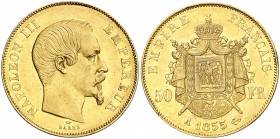 1855. Francia. Napoleón III. A (París). 50 francos. (Fr. 571) (Kr. 785.1). 16,11 g. AU. Leve golpecito. MBC+.