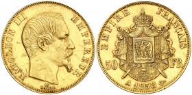 1858. Francia. Napoleón III. A (París). 50 francos. (Fr. 571) (Kr. 785.1). 16,09 g. AU. MBC+.