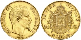 1859. Francia. Napoleón III. BB (Estrasburgo). 50 francos. (Fr. 572) (Kr. 785.2). 16,12 g. AU. MBC+.