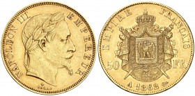 1862. Francia. Napoleón III. A (París). 50 francos. (Fr. 582) (Kr. 804.1). 16,11 g. AU. MBC+/EBC-.