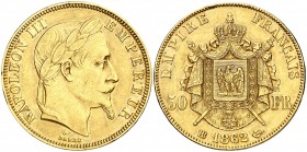1862. Francia. Napoleón III. BB (Estrasburgo). 50 francos. (Fr. 583) (Kr. 804.2). 16,07 g. AU. Leves rayitas y golpecitos. MBC+.