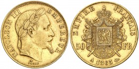 1865. Francia. Napoleón III. A (París). 50 francos. (Fr. 582) (Kr. 804.1). 16,04 g. AU. MBC+.