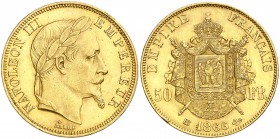 1866. Francia. Napoleón III. BB (Estrasburgo). 50 francos. (Fr. 583) (Kr. 804.2). 16,13 g. AU. Golpecito en canto. EBC-.
