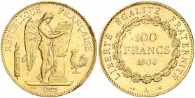 1904. Francia. III República. A (París). 100 francos. (Fr. 590) (Kr. 832). 32,23 g. AU. Golpecitos. MBC+.