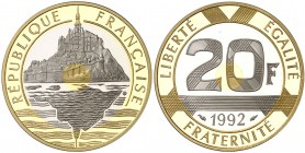 1992. Francia. 20 francos. (Fr. 632b) (Kr. 1008.2b). 16,46 g. Trimetálica. AU-AG-CU. Monte Sant Michel. Acuñación de 5000 ejemplares. En estuche ofici...