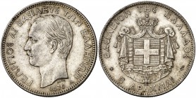 1876. Grecia. Jorge I. A (París). 5 dracmas. (Kr. 46). 24,90 g. Rara. MBC/MBC+.