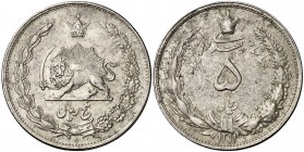 SH 1311 (1932). Irán. Rezashah. 5 rials. (Kr. 1131). 25 g. AG. EBC-.