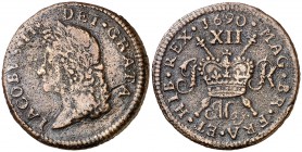 1690. Irlanda. Jaime II. 1 chelín. (Kr. 100). 3,95 g. CU. Rara. MBC-.
