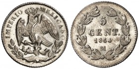 1864. México. M (México). 5 centavos. (Kr. 385.1). 1,31 g. AG. EBC-.