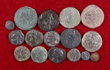Hispania Antigua. Lote de 16 bronces entre ibéricos e hispano-romanos. A examinar. BC+/MBC.