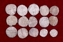 Lote de 13 diners y 2 òbols medievales catalanes de distintos reinados y cecas, a clasificar. Total 15 monedas. RC/MBC.