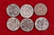 Felipe III. Barcelona. 1 ardit. (Cal. 593 a 598). Lote de 6 monedas, fechas 1613 a 1618. A examinar. BC/MBC-.
