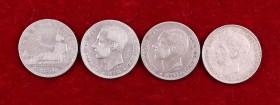 1870, 1883, 1885 y 1900. Gobierno Provisional a Alfonso XIII. 1 peseta. Lote de 4 monedas. A examinar. BC+/MBC-.