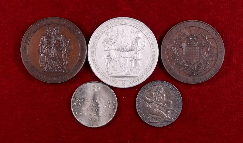 1864, 1891, 1892, 1949 y 1964. Suiza. Lote de 5 medallas, en distintos metales: ...