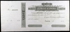 18... Aramburu Hermanos. Cádiz. 500 reales de vellón. Con matriz. Ex Colección Samuel Prades Montoliu. EBC.