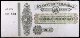 187... Aramburu Hermanos. Cádiz. 500 reales de vellón. Con matriz. Ex Colección Samuel Prades Montoliu. EBC.