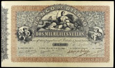 (1859). Banco de Bilbao. 100, 200, 500, 1000 y 2000 reales de vellón. Conjunto de los cinco valores, facsímiles publicados por el propio banco. Firmad...