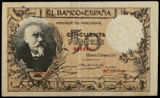 1905. 50 pesetas. (Ed. B96f) (Ed. 312F). 19 de marzo, Echegaray. Falso de época. Raro. MBC-.