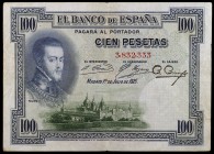 1925. 100 pesetas. (Ed. B107) (Ed. 323). 1 de julio, Felipe II. Sin serie y sin sello en seco. MBC-.