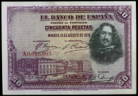 1928. 50 pesetas. (Ed. B113a) (Ed. 329a). 15 de agosto, Velázquez. Serie A. MBC+.
